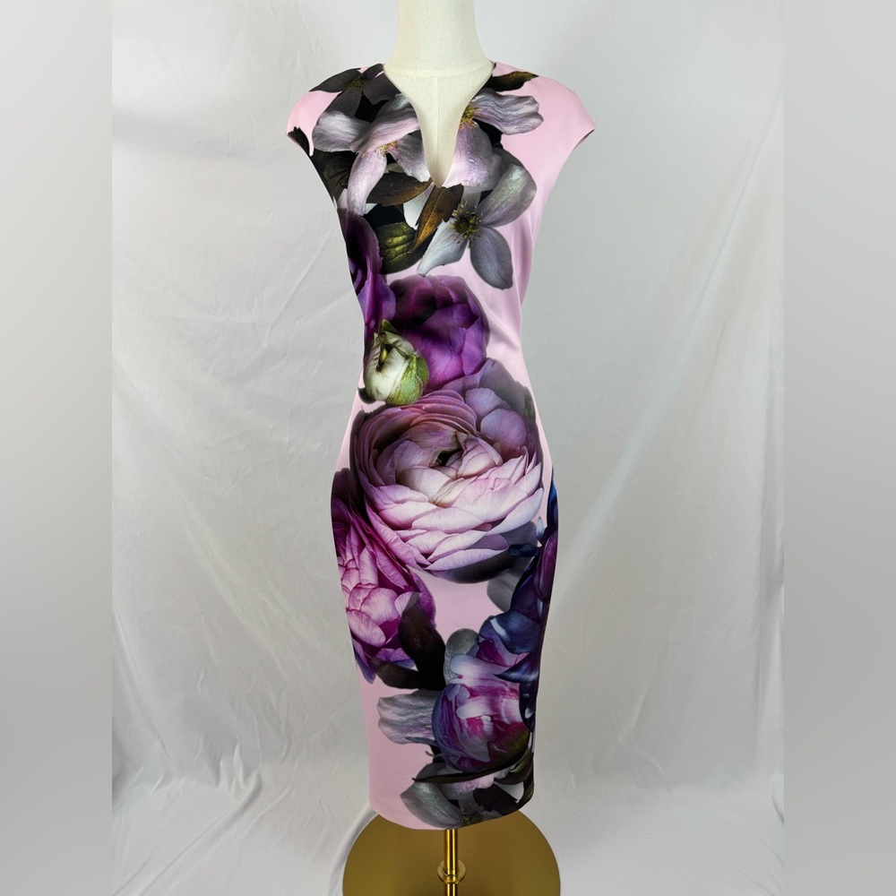 Ted Baker Pink Floral Print Sheath Midi Career Dress Size 2 US 6